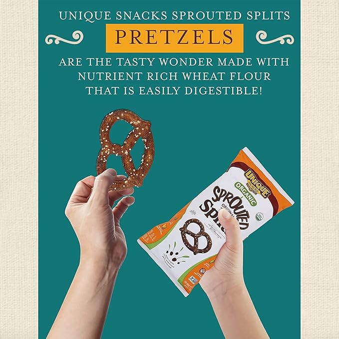 Unique Snacks Sprouted Splits Pretzels, Sprouted Pretzels, Delicious Homestyle Baked Snack Bag, OU Kosher, and Non-GMO Food, No Artificial Flavor, 8 Oz. Bag, Pack of 6