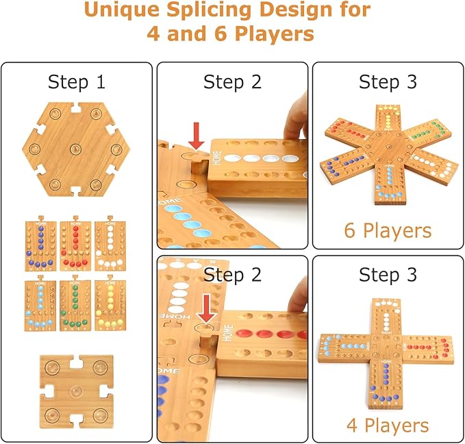 Marble Board Game, Wooden Board Game for 4 and 6 Players, Portable Original Marble Game with 24 Marbles 12 Dice for Family Friends Party Game Night