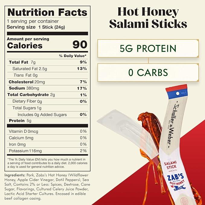 Schaller & Weber Salami Sticks with Zab’s Hot Honey, 0.85 Oz (Pack of 6) | Zab’s Hot Honey Smoked Salami | German Style Smoked Sausage Sticks with Spicy Honey | Gluten Free Protein Snack