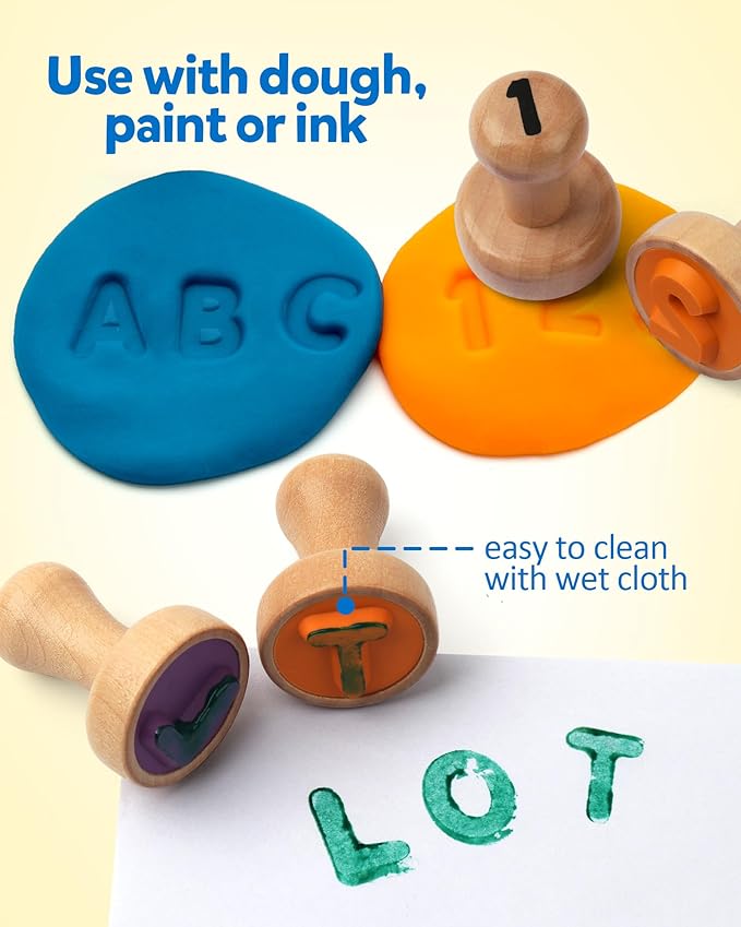 Coogam Wooden Alphabet Number Stamp Flashcard, ABC Spelling Letter Stampers and Mathematics Learning Number Stampers Arts and Crafts Supplies, Montessori Educational Toy Gifts for 3 4 5 Year Old