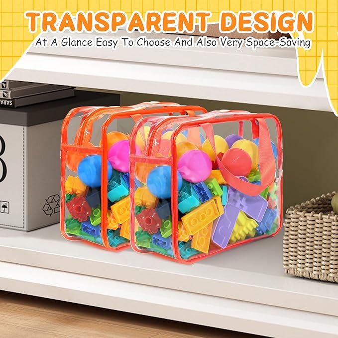 9 Pcs Toy Storage Bags, Clear PVC Toy Organizer Bag Include 6Pcs Large Handheld and 3Pcs Medium Zipper Bags with Labels for Organizing Board Game, Building Blocks (Colorful)