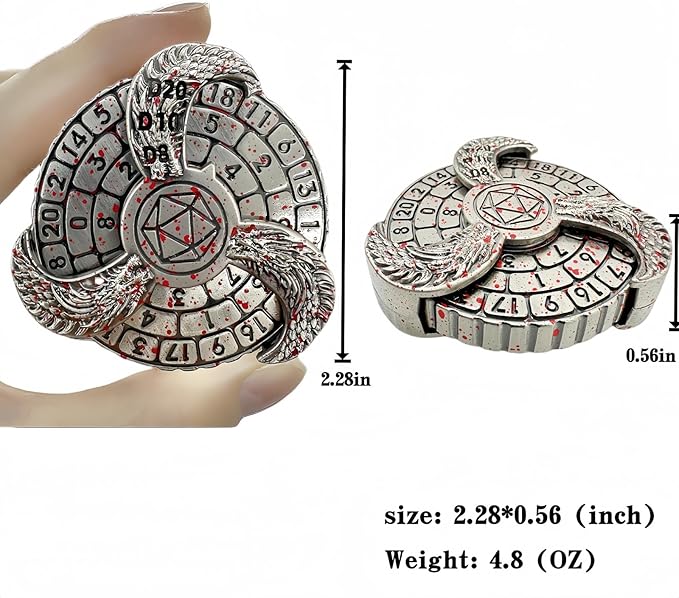 D&D Themed Fidget Spinner, dice Spinner, D4,D6, D8, D10, D12,D20,D% 7-in-1 Metal dice, Perfect for D&D Dungeons and Dragons, RPG and Pathfinder Role Playing Games (Bloodstain)
