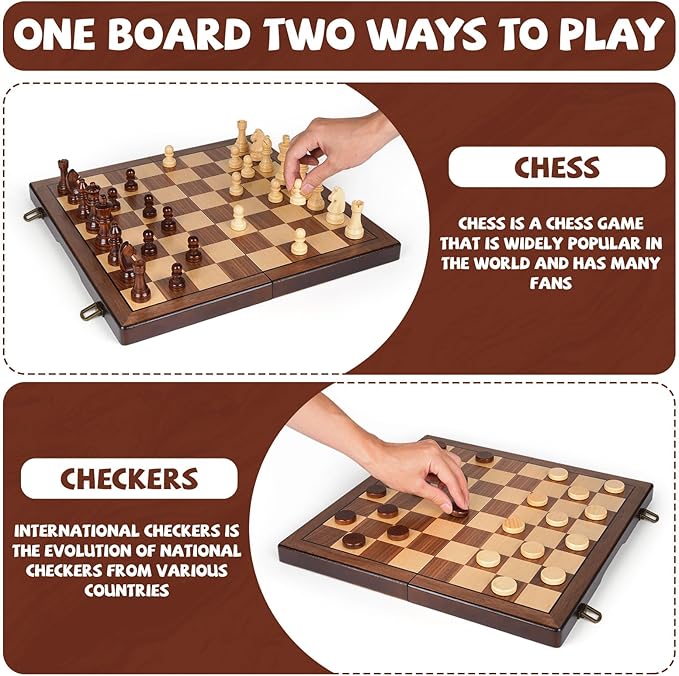 2 in 1 Magnetic Chess Set and Checkers Board Game Set 15" Wooden Folding Chess Board with 2 Extra Queens Travel Chess Sets Family Board Game Gift for Kids, Adults Portable Elegant Classic Chess Game