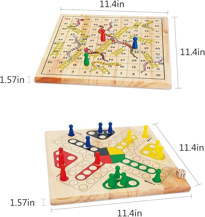 Wooden Classic 2 in 1 Snakes and Ladders Board Game for Kids 12 Inch Ludo Chutes and Ladders Board Game Classic Family Game Set for Toddlers