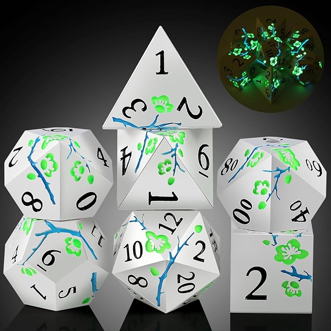 Glow in The Dark Metal Dice, DNDND 7 PCS Green Metallic D&D Dice Set with Gorgeous Gift Case for Dungeons and Dragon Tabletop Game (Glow in The Dark Green)