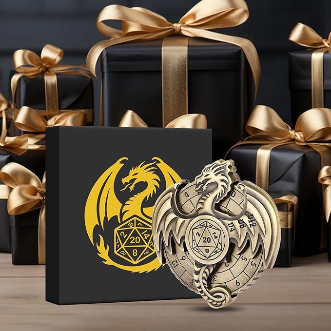 Spinner DND Dice Set, 7-in-1 Dragon Metallic D&D Dice, Dragon Roulette Dice Spinner for DND Dice Set, D&D Gifts with Gift Box, Role Playing Game Board Game Accessories, Bronze