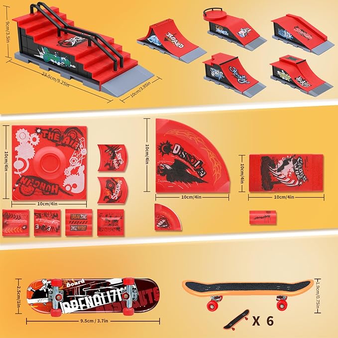 Finger Skateboards Ramp Set, Red 6 in 1 Fingerboard Skatepark Deck with 11 Buffer Plate, Fingerboard Half Pipe Ramp for Kids Adults Fingerboard Train Props Interactive Freestyle Game