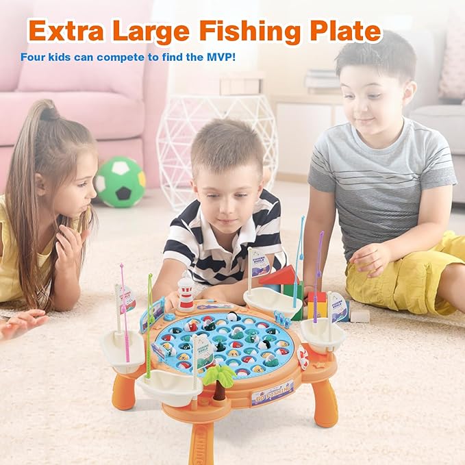 Ark miido Fishing Game Toy Set - 45 Fish, 4 Poles, Rotating Board with Legs On-Off Music Switch Family Board Game Multiplayer Game Toy for Kids Boys and Girls Age 3+