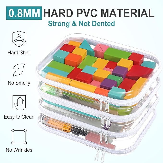 Hoolerry 4 Pcs Hard Clear Zipper Case Transparent Cases for Snacks Makeup Bag Plastic Storage Box Containers for Building Blocks, Puzzles, Cosmetics(White,9.8 x 7.9 x 2 in)