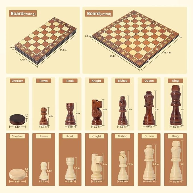 15.4" 3-in-1 Magnetic Chess, Checkers, and Backgammon Set - Extra Queens - Wooden portable and foldable Board game, Travel Game Set for Adults, Kids and Elder - Gift for parents and children