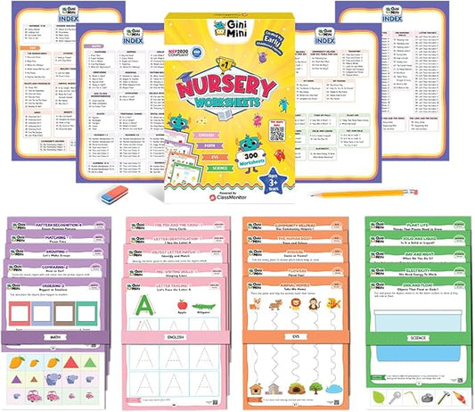 300 Nursery Worksheets (English, Maths, Science, & EVS) with Stickers & Index, Interactive Fun Preschool Learning Activities for Ages 3 and 4