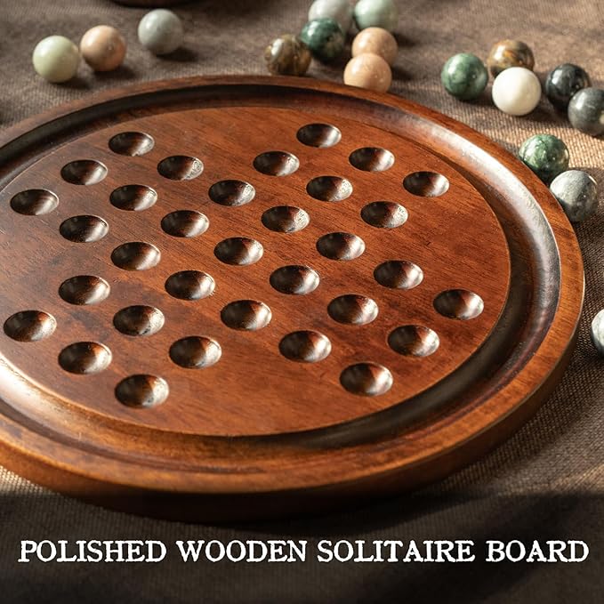 Deluxe Solitaire Game Set: 12.6'' Solid Wooden Board, 32 Natural Marble Balls, Single-Player Strategy and Smart Games