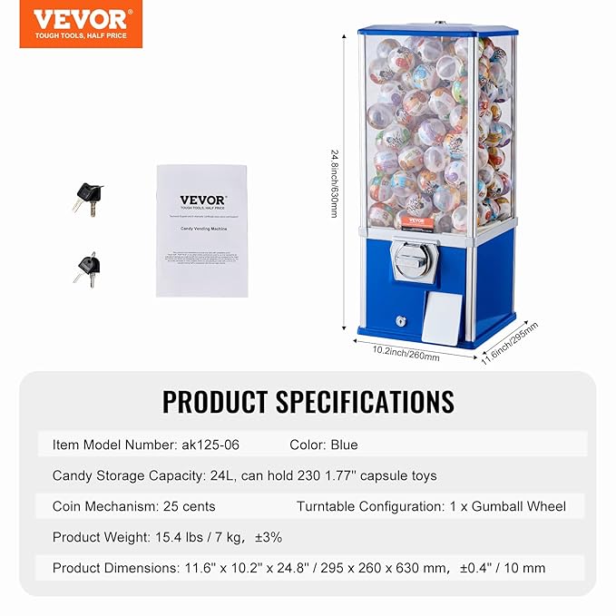 VEVOR Gumball Machine for Kids, 25" Height Home Vending Machine, PS Bouncy Balls Dispenser, Hold 230 Capsule Toys, Rectangle Bubble Gum Machine for Game Stores, Coin Operated Gumball Bank, Blue
