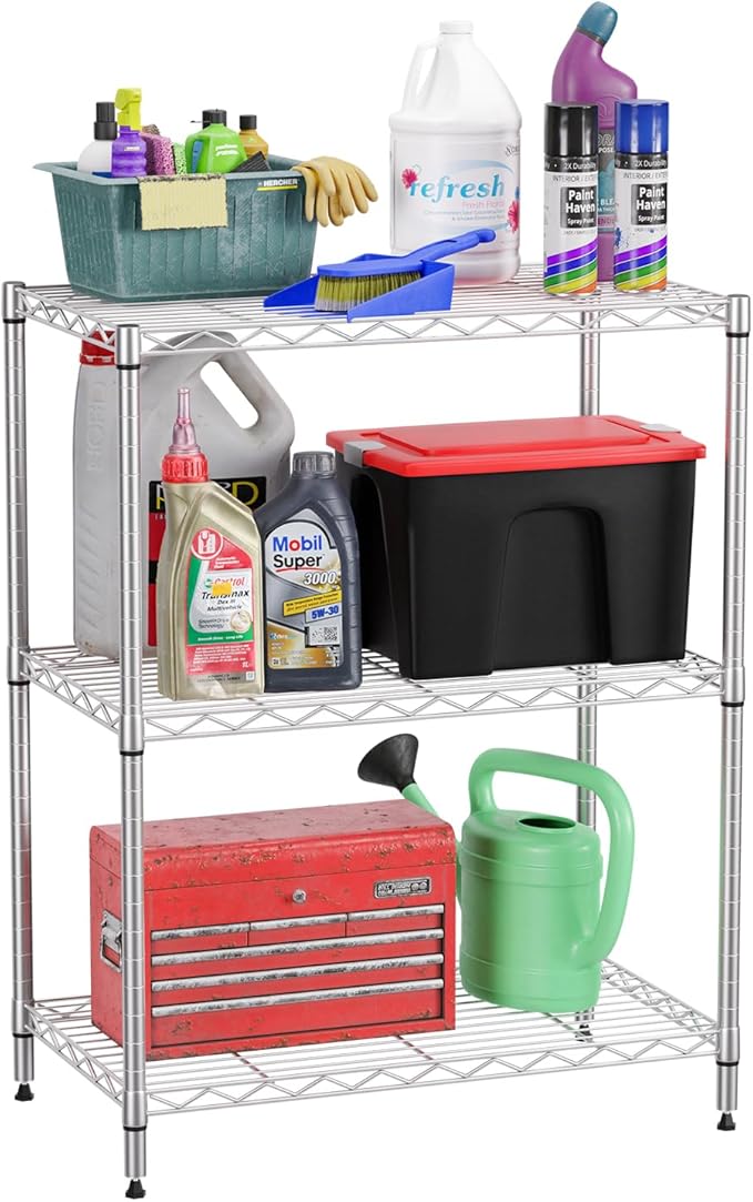 FDW 3-Shelf Adjustable,Storage Shelves Wire Shelving Shelving Unit Metal Shelves Storage Shelf,13" D x 23" W x 30" H,Chrome