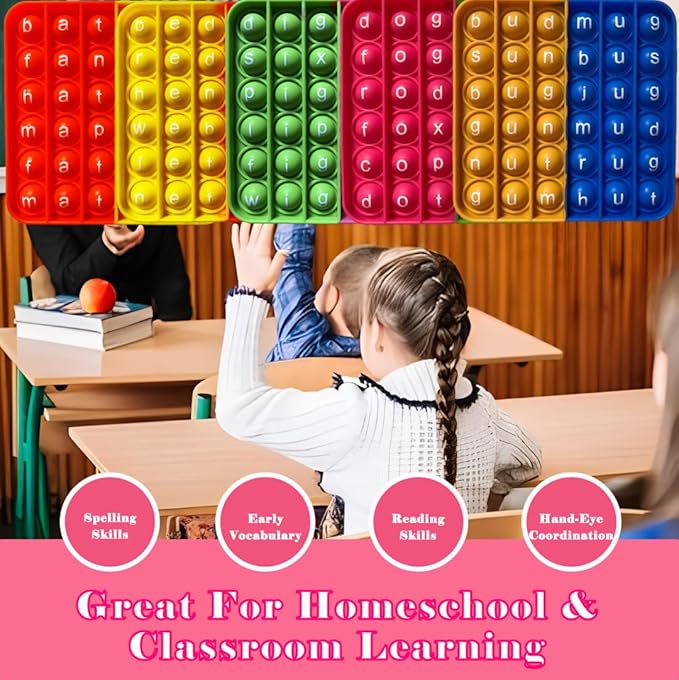 Word Poppers CVC Word Games, Sight Words Fidgety Board Phonics Reading Spelling, Kindergarten Learning Activity, Montessori Sensory Educational Toy for Kids, Preschool Classroom Must Haves