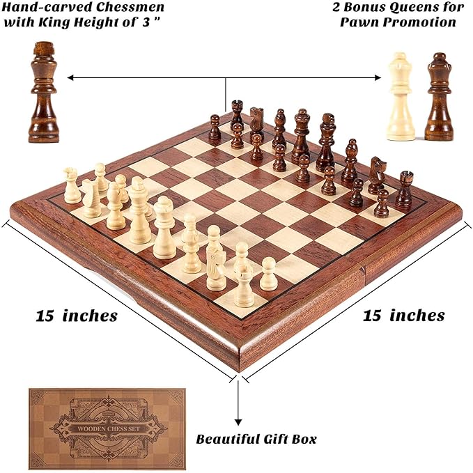 AMEROUS 15'' Magnetic Wooden Chess Set -Folding Board -2 Extra Queens -Chessmen Storage Slots -Gift Package, Travel Chess Board Game Sets for Kids and Adults