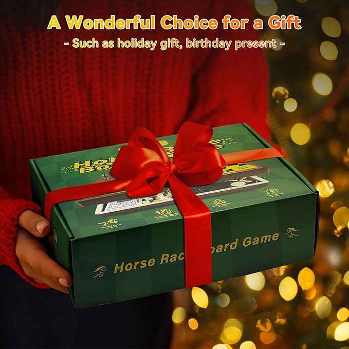 Large 23 inches Horse Race Board Game with Luxury Metal Numbered Horses, 4 in 1 Foldable Wood Horse Race Board Game with Dice Poker Chips/Chess & Checkers/Tic Tac Toe for for Adults Family Parties