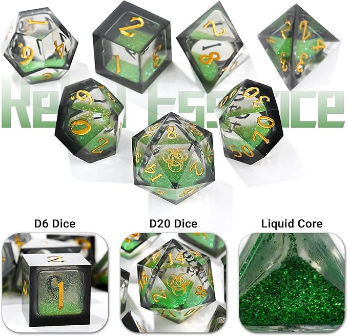 DND Dice Set - Handcrafted Liquid Core Sharp Edge 7-Die Resin Dice with Colorful Quicksand Effect,for DND, RPG, MTG, Tabletop Games(PLRGUE EUXRR)