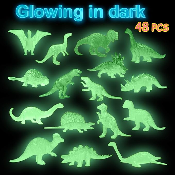 48Pcs Glow in Dark Mini Dinosaur Figures Birthday Party Favors Supplies Dino Cupcake Toppers Pinata Goodie Bags Stuffers Classroom Prizes Carnival Treasure Box Trinkets Bulk Toy Kids Goody Treat Gifts
