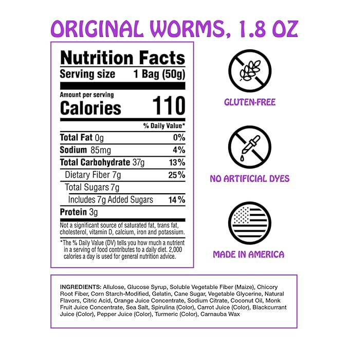 Rotten Original Gummy Worms - Low Sugar, Low Calorie, 7g Gut-Friendly Prebiotic Fiber and 3g Protein, Gluten Free Candy - 1.8 oz - 8-Pack