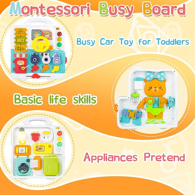 Busy Board for 3 Year Old, Early Educational Learning Toys for Toddlers 2-3, Toddler Busy Board Travel for 24 Month Age, Fine Motor Skills Toys for 2 Year Old, 2st Birthday Gifts Boy