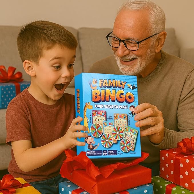 Family Bingo Game for Toddlers Ages 3+ | 4-in-1 Educational Bingo Set for Kids with Numbers, Sight Word, Letters & Animals | Family-Friendly Board Game for Learning & Fun | 2-4 Players
