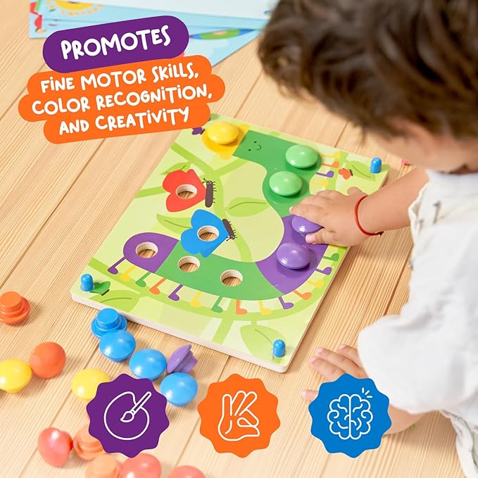 Nene Toys Wooden Color Matching Puzzle for Toddlers 2+ Years โ Montessori Pegboard Button Game with Wooden Nails & Cards โ Educational Toy for 2 3 Year Old Boys Girls โ Fine Motor Skill Learning