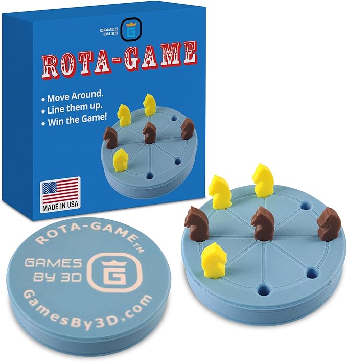 ROTA Game, Tic-Tac-Toe Game with Never a Tie, A Winner in Every Round, Ancient Roman Strategy Game, Portable 4" Board, Pockets or Purse-Size, with Horse Pieces, Made in USA (Blue)