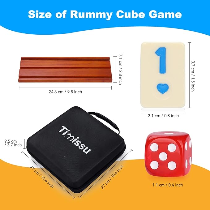 Rummy Cube 6-8 Players with 8 Wooden Racks 214 Large Number Rummy Tiles Travel Size Rummy Cube Game with Case 8 Players Travel Game Set for Fun Family Board Games