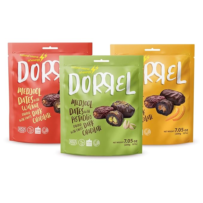 DORREL - Trio Bundle Pack: Belgian Dark Chocolate Covered Dates (Medjool) with Candied Orange Peels, Pistachio & Walnuts Stuffing, High Energy Vegan Choco Snack, Kosher & Non-GMO Pack of 3, 7.05 oz Ea