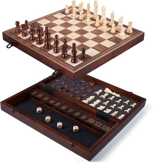 15'' Wooden Chess Set with Shut The Box Game, Magnetic Chess Board-2 Extra Queens-Pieces Storage Slots, Wooden Board Table Math Game, 2-in-1 Folding Board Game Set for Kids, Adults,Beginner