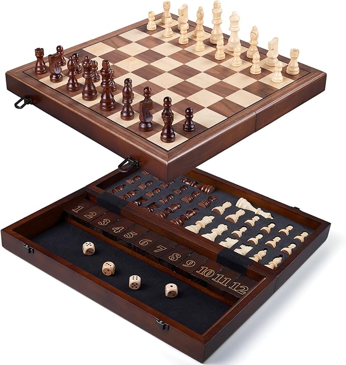 15'' Wooden Chess Set with Shut The Box Game, Magnetic Chess Board-2 Extra Queens-Pieces Storage Slots, Wooden Board Table Math Game, 2-in-1 Folding Board Game Set for Kids, Adults,Beginner