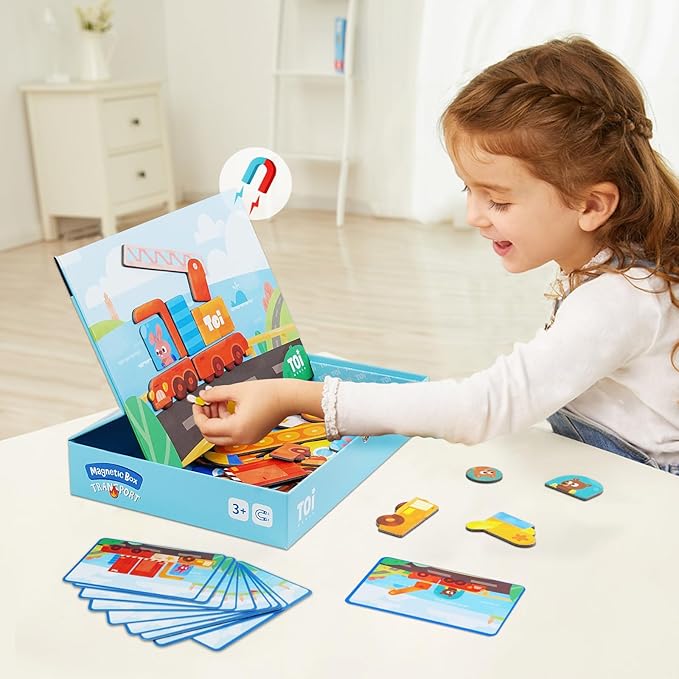 Toi Kids Magnet Toys Magnetic Jigsaw Puzzle Boxes with Game Board for Kids Ages 3-8, Preschool Tabletop Toy for Toddlers, Portable Travel Game, Vehicle