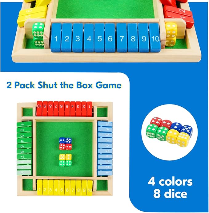 2 Pack Shut The Box Game, 2-4 Play Wooden Dice Math Games for Adults and Kids, Shut The Box Board with 8 Dices for Classroom, Home, Party, Pub