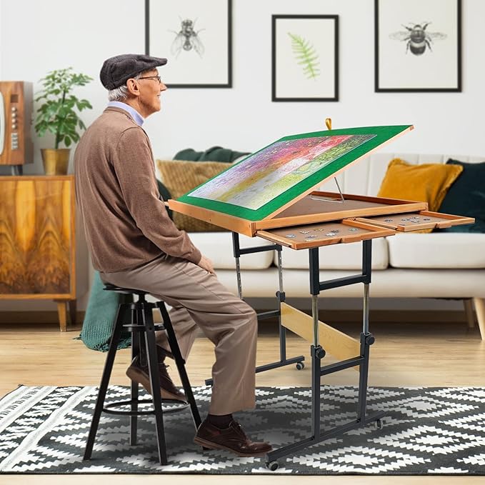 ALL4JIG 1500 Piece Jigsaw Puzzle Table with Legs,25"x34"Adjustable Puzzle Tables for Adults, 3-Tilting-Angle Portable Wooden Jigsaw Puzzle Board Portable with 4 Drawers & Cover Birthday Gift for mom