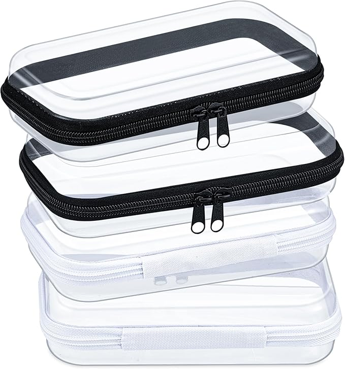 Hoolerry 4 Pcs Hard Clear Zipper Case Transparent Cases for Snacks Makeup Bag Plastic Storage Box Containers for Building Blocks, Puzzles, Cosmetics(Black and White,7.5 x 3.9 x 2 in)