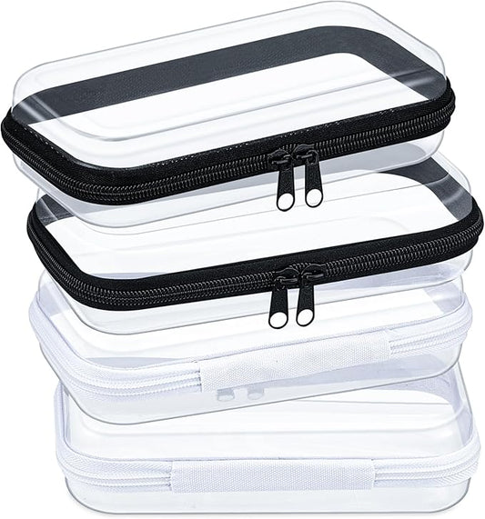Hoolerry 4 Pcs Hard Clear Zipper Case Transparent Cases for Snacks Makeup Bag Plastic Storage Box Containers for Building Blocks, Puzzles, Cosmetics(Black and White,7.5 x 3.9 x 2 in)
