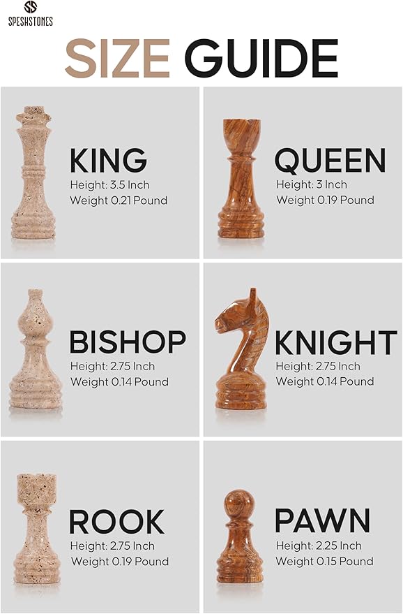 Marble Chess Set 15 Inch Travertine & Brown Checkers Board Game with Pieces, 2 Extra Queens and Storage Box, Strategy Set for Adults & Family, Travel, Tabletop Play