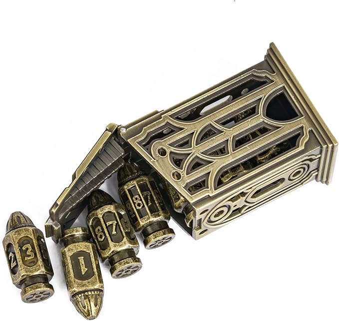 UDIXI Metal DND Bullet Dice Set, 7-Die Solid Polyhedral Metal Dice Set D&D with Magazine Container for Role Playing Game or Other Tabletop Games(Bronze)