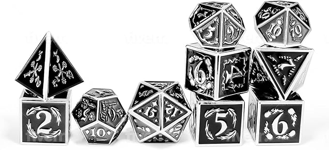 Metal Dice Set Collection for DND and All TRPG Games (Nightwatch, Silver 10 Set)