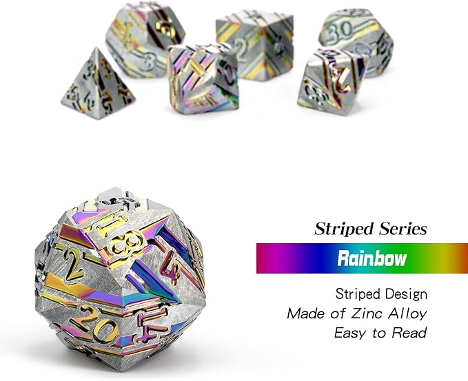 DNDND Rainbow Stripe DND Metal Dice Set,7 PCS Zinc Alloy with Gift Case for Dungeons and Dragons D&D (Rainbow)