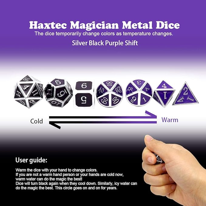 Haxtec Color Changing ByTemperature Metal DND Dice Set Polyhedral D&D Dice for RPG Dungeons and Dragons-Silver Black Purple Shift