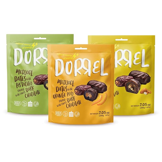 DORREL - Trio Bundle Pack: Belgian Dark Chocolate Covered Dates Medjool with Candied Orange Peels, Salted Almonds & Pistachio Stuffing, High Energy Kosher Non-GMO Choco Snack Pack of 3, 7.05 oz Ea