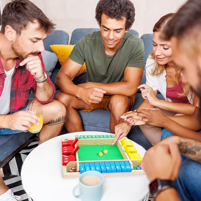 1-4 Players 12IN Large Shut The Box Dice Game, 10 Numbers Traditional Wooden Pub Bar Board Family Table Mat Game Dice for Kids and Adults