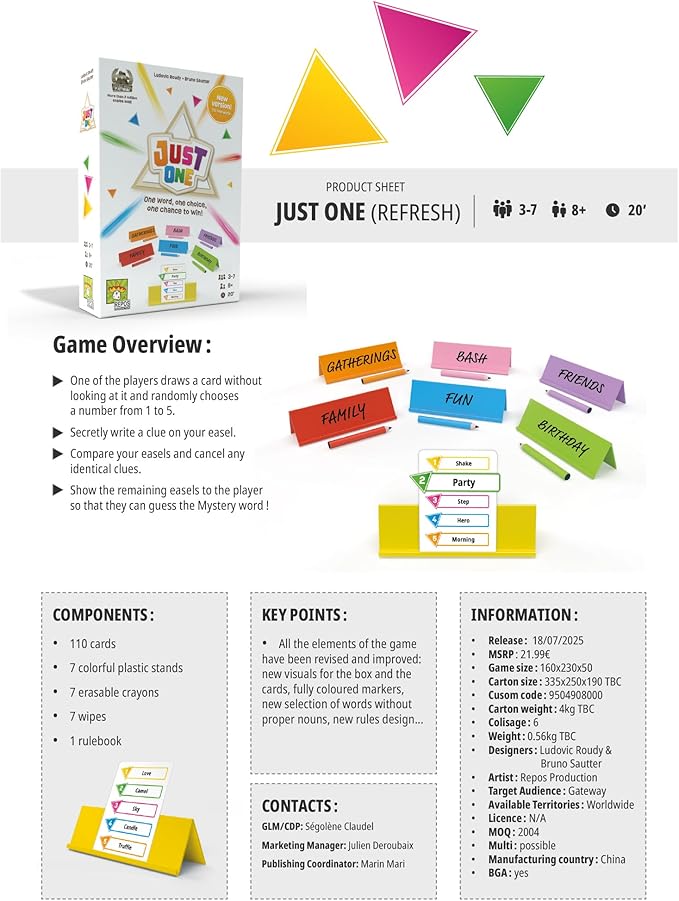 Asmodee Just One Party Game - Cooperative Mystery Word Guessing Fun for Family & Friends, Kids & Adults, Ages 8+, 3-7 Players, 15 Minute Playtime