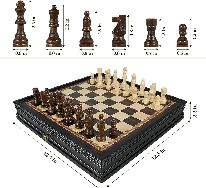 12.5’’ Wooden Chess Set, Magnetic Chess Pieces with 2 Built-in Storage Drawers - Chess Broad Game for Beginner, Kids, Adults - 2 Bonus Extra Queens
