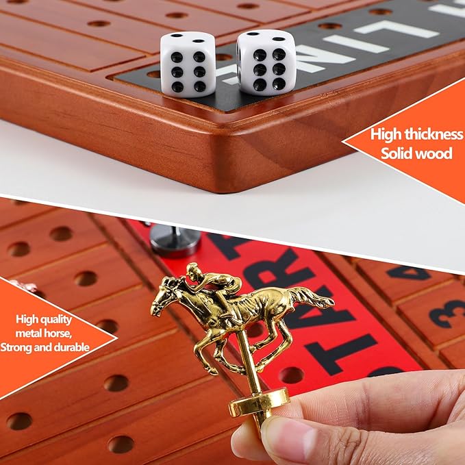 21 inches Horse Race Board Game Racing Game Solid Wood with 11 Luxurious Durable Classic Metal Horses Finish Line Horse Racing Game with 4 Dice and 2 Boxes of Cards (Shallow Walnuts)…