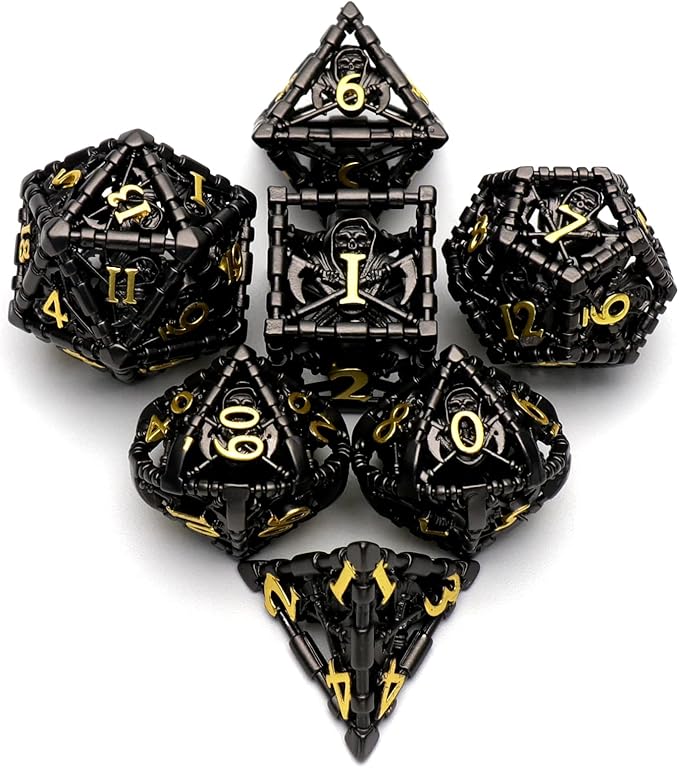 DND Dice, Dungeons and Dragons Dice Metal Polyhedral Dice Set Role Playing D&D Dice HNCCESG Hollow Grim Reaper Gaming for RPG Table Game (Black)