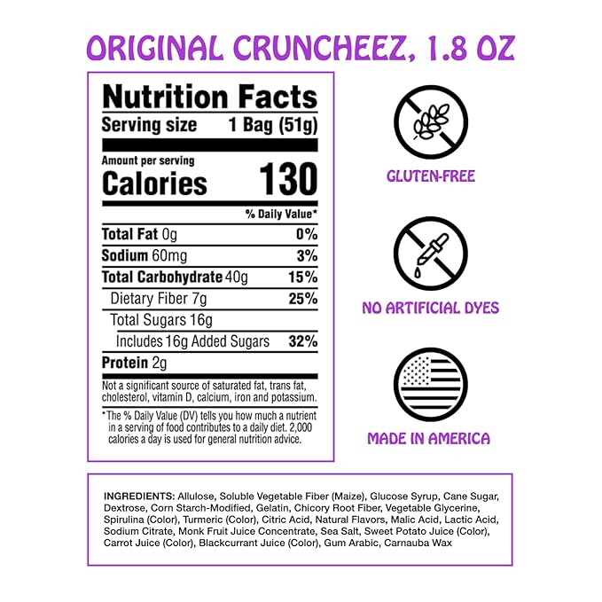 Rotten Original Gummy Cruncheez - Low Sugar, Low Calorie, 5g Gut-Friendly Prebiotic Fiber, Gluten Free Candy, No Artificial Dyes - 1.8 oz - 8-Pack