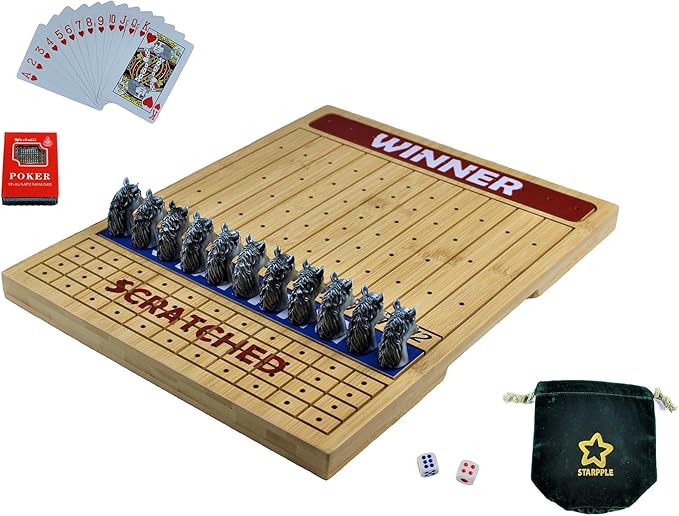 Metal Horse Race Board Game Set with Horse Racing Thick & Solid Wood Game Board, 11 Luxurious & Durable Classic Silver Colored Metal Craft Horses, Dice and Cards for Horseracing (HR-551)